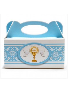 pudełko na ciasto komunijne z kielichem niebieskie