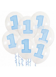 balony przezroczyste z niebieską jedynką 7 szt.